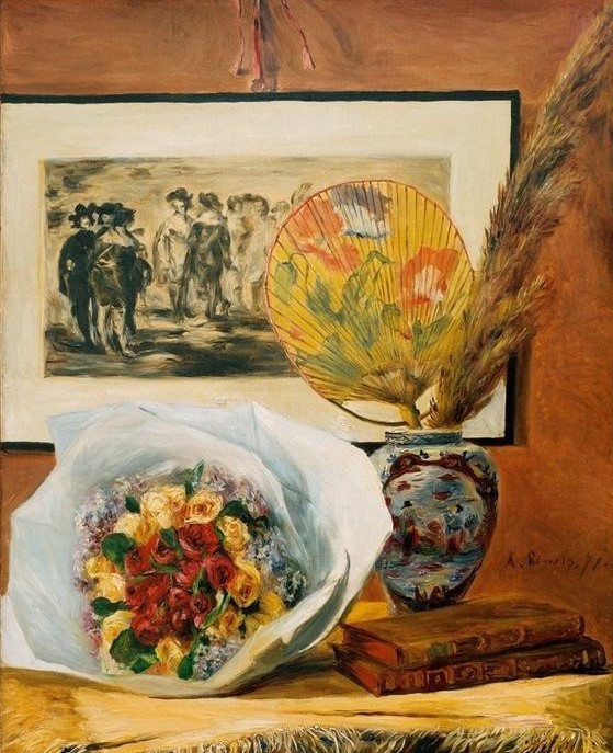 Pierre-Auguste Renoir, Nature morte au bouquet et à l’éventail (Fächer,Kunst,Maler (Künstler),Impressionismus,Bild Im Bild,Stillleben,Blumenstrauss,Französische Kunst,Exotik,Japanmode)