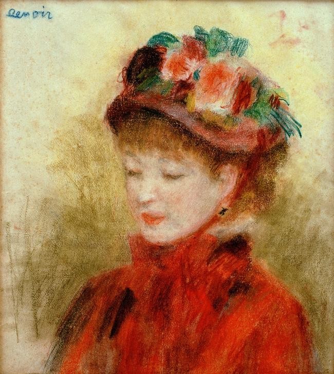 Pierre-Auguste Renoir, Jeune femme au chapeau aux fleurs (Damenhut,Damenmode,Frau,Mensch,Mode,Impressionismus,Portrait,Französische Kunst,Junge Frau,Brustbild,Signatur)