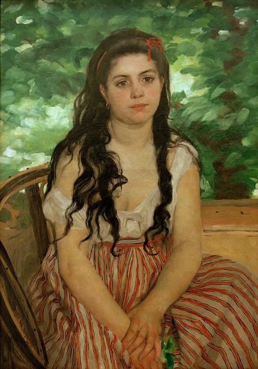 Pierre-Auguste Renoir, En été, étude (Frau,Maler (Künstler),Mensch,Sommer,Impressionismus,Portrait,Französische Kunst,Langes Haar,Sitzen,Schwarze Haare,Junge Frau)