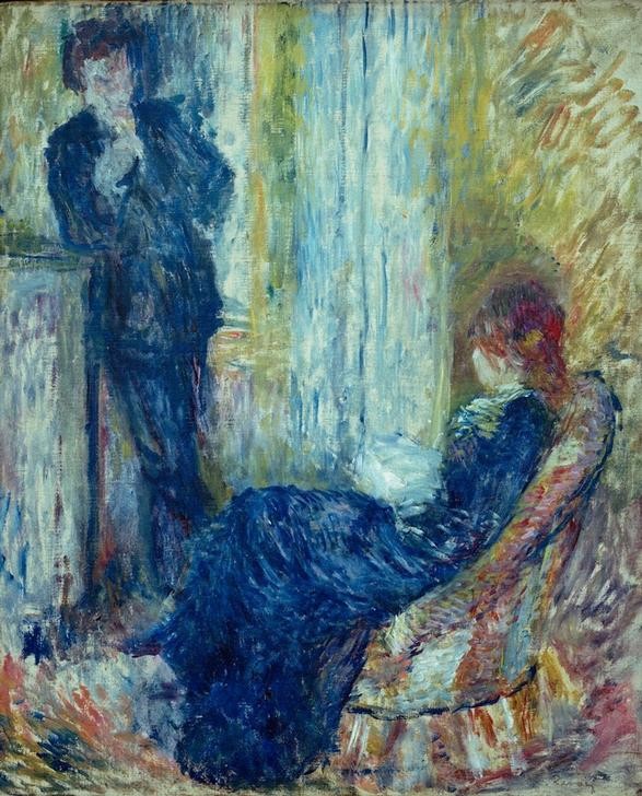 Pierre-Auguste Renoir, La conversation. Rivière et Margot. Au coin de la cheminee (Gesellschaftliches Leben,Gesellschaft,Impressionismus,Interieur,Französische Kunst,Conversation Piece,Junges Paar,Unterhaltung (Gespräch))