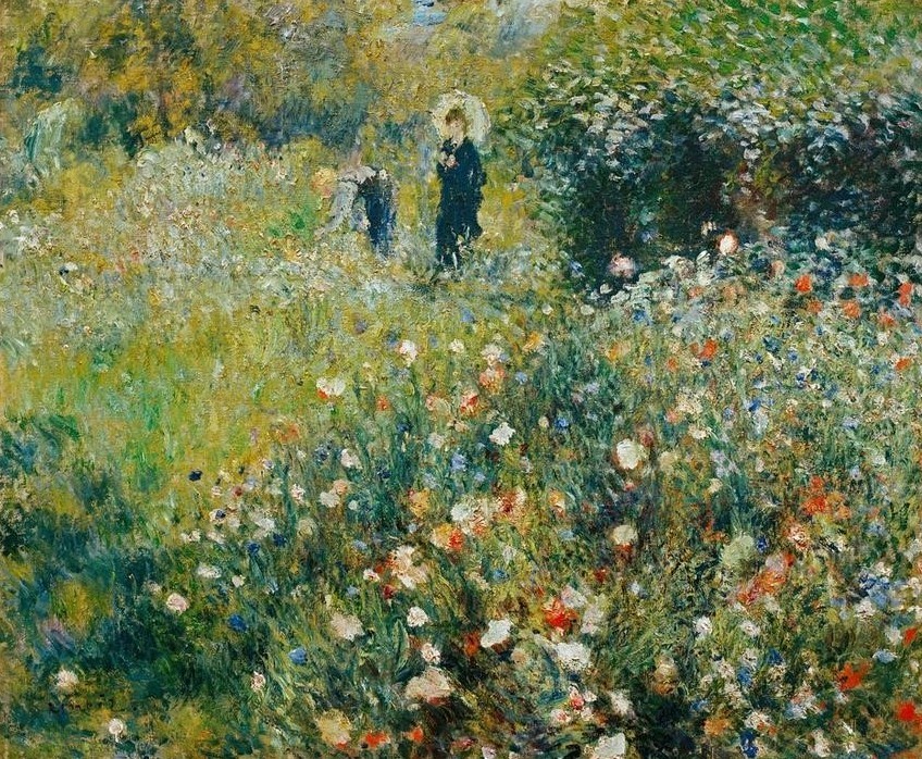 Pierre-Auguste Renoir, Femme avec parasol dans un jardin (Botanik,Frau,Gärtner,Garten Und Park,Jahreszeiten,Kunst,Landschaft,Mann,Menschen Im Park,Mensch,Freizeit,Sommer,Spaziergang,Impressionismus,Wiese,Sonnenschirm,Französische Kunst,Im Freien (Allgemein),Ziergarten,Menschen Im Garten,Frauenleben,Blume,Sonnens)