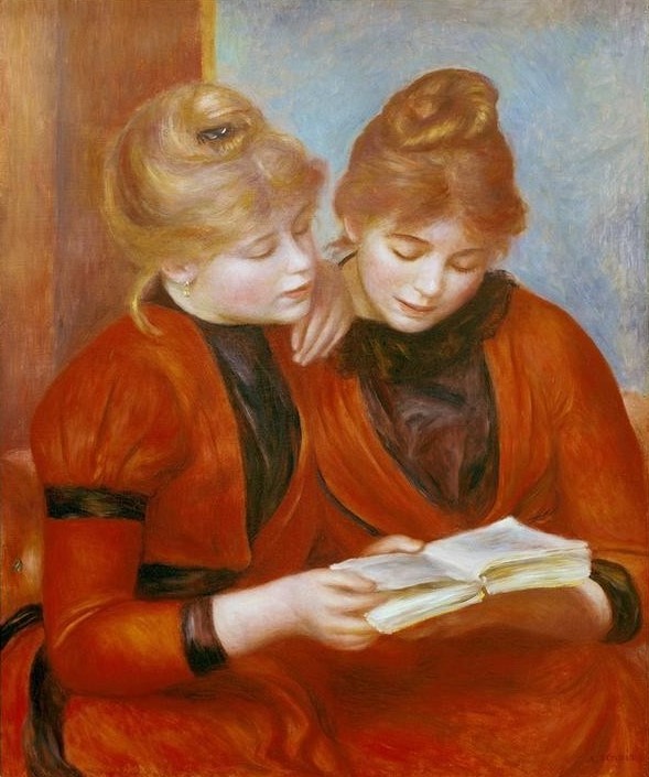 Pierre-Auguste Renoir, Les deux soeurs (Buch,Frau,Freundschaft (Allgemein),Geschwister,Literatur,Maler (Künstler),Impressionismus,Schwester,Lesen (Allgemein),Französische Kunst,Harmonie,Haarknoten,Frauenleben,Leserin,Sitzen,Junge Frau,Eintracht,Doppelportrait,Halbfigur,Buch (Aufgeschlagen),Vert)
