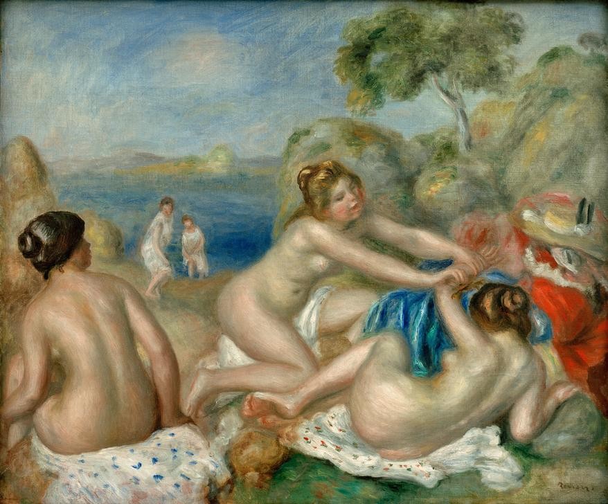 Pierre-Auguste Renoir, Trois baigneuses au crabe (Bad Im Freien,Bad,Frau,Gruppenbild,Maler (Künstler),Freizeit,Sommer,Impressionismus,Akt,Französische Kunst,Necken,Ausgelassenheit,Jahrhundertwende)