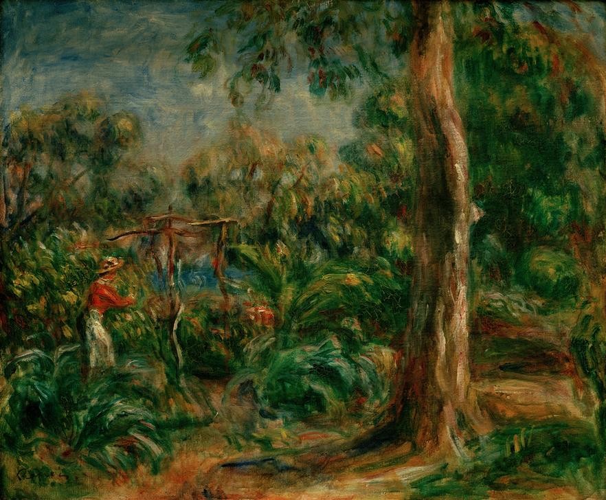 Pierre-Auguste Renoir, Le grand arbre. Femme au corsage rouge dans le jardin de Ca (Frau,Landschaft,Impressionismus,Baum,Französische Kunst,Garten)