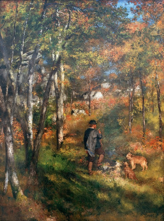 Pierre-Auguste Renoir, Le peintre Jules Le Coeur et ses chiens dans la forêt de Fo (Landschaft,Freizeit,Wandern,Wald,Impressionismus,Herr Und Hund,Reise,Französische Kunst)