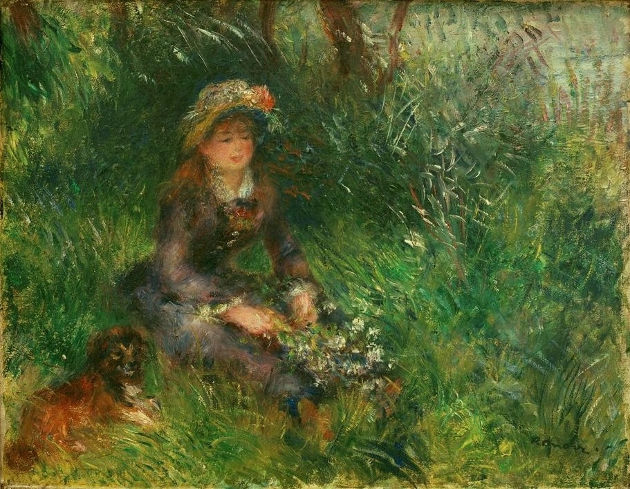 Pierre-Auguste Renoir, Aline Charigot au chien (Maler (Künstler),Rast,Spaziergang,Impressionismus,Hund,Portrait,Künstlerfrau,Gras,Französische Kunst,Frau Und Tier,Sitzen,Person)