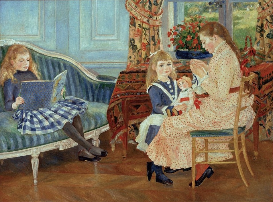Pierre-Auguste Renoir, L’aprèsmidi des enfants à Wargemont (Buch,Geschwister,Gruppenbild,Handarbeit,Kind,Puppe (Gegenstand),Impressionismus,Schwester,Portrait,Lesen (Allgemein),Nähen,Französische Kunst,Kinderleben)