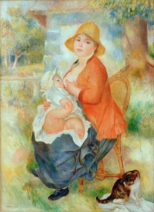 Pierre-Auguste Renoir, Maternité. Femme allaitant son enfant (Baby,Katze (Tier),Maler (Künstler),Mutter Und Kind,Impressionismus,Stillen,Mutter Und Sohn,Französische Kunst,Menschen Im Garten,Mutterglück,Person)
