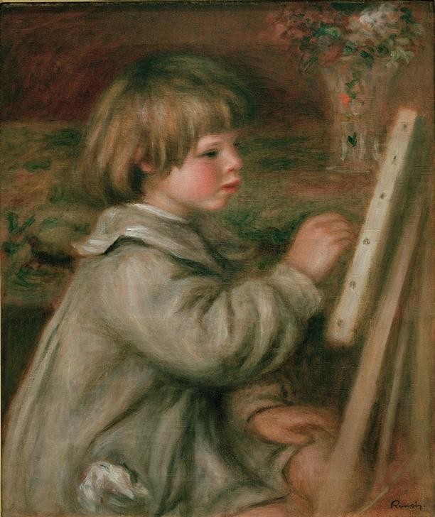Pierre-Auguste Renoir, Portrait de Claude Renoir peignant. Claude au chevalet (Kinderspiel,Kind,Maler (Künstler),Staffelei,Impressionismus,Künstler Bei Der Arbeit,Kleinkind,Portrait,Zeichnen,Französische Kunst,Kinderleben,Malen)