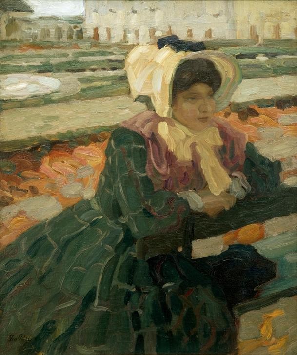 Leo Putz, Das grüne Kleid  (Frau, Haube, Kleid, Bank, Wartende, park, Garten, menschen, Wunschgröße, Impressionismus, Klassische Moderne, Wohnzimmer,)