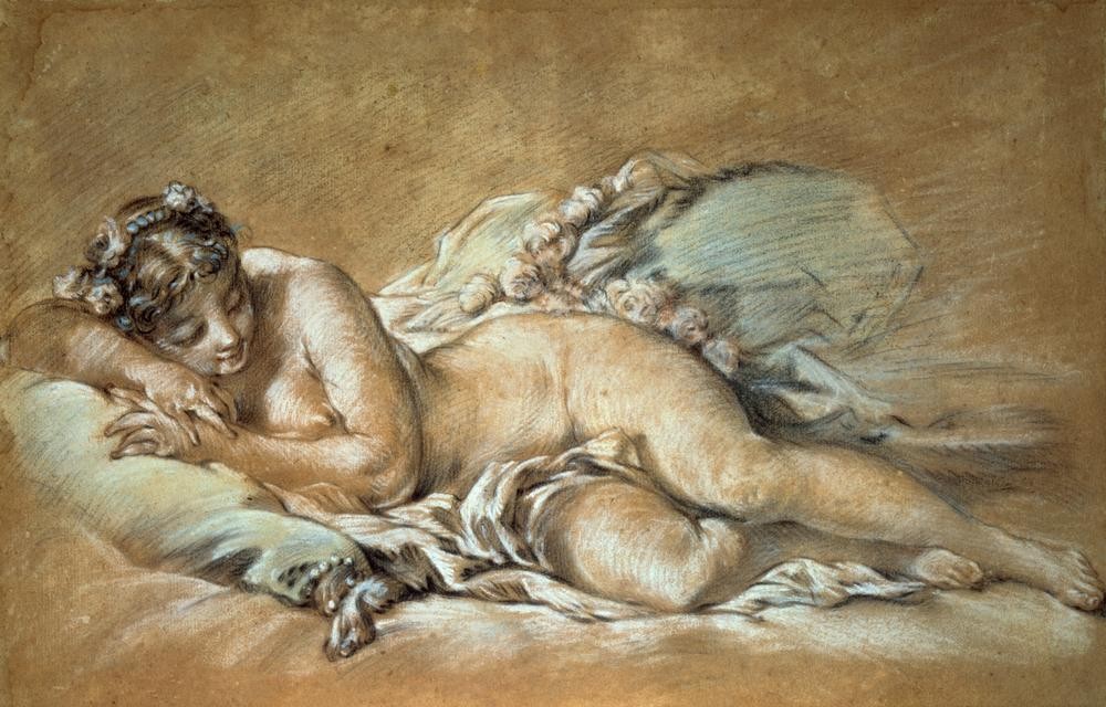 Francois Boucher, Une jeune femme endormie (Frau,Akt,Rokoko,Französische Kunst,Junge Frau,Liegen,Schlafen (Schlaf))