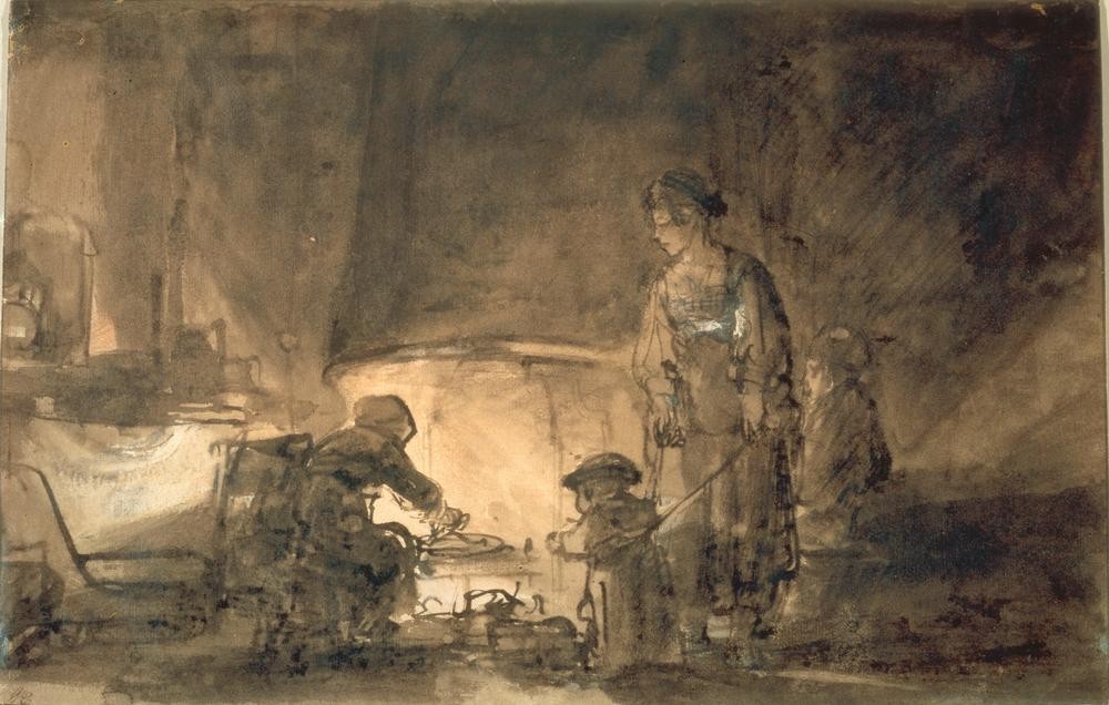 Rembrandt Harmenszoon van Rijn, Die Küche (Herd,Küche,Wohnung,Barock,Kochen,Helldunkel,Niederländische Kunst,Holländische Kunst,Frauenleben,Kamin)