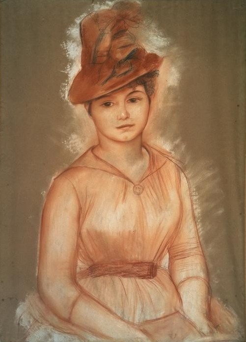 Pierre-Auguste Renoir, Portrait d’une femme (Damenhut,Frau,Mensch,Impressionismus,Hut,Portrait,Französische Kunst,Junge Frau,Halbfigur)