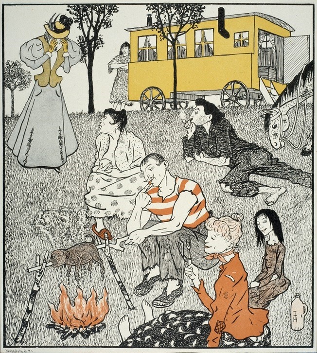 Thomas Theodor Heine, Ein Wiedersehen. / Oh Puzzi, muß ich so dich wiederfinden! (Deutsche Kunst,Fahrendes Volk,Gesellschaft,Karikatur,Kunst,Soziales,Völkerkunde,Fleisch,Bratspiess,Lagerfeuer,Nomaden,Braten,Vorurteil,Jahrhundertwende,Minderheiten,Hundefleisch,Sinti Und Roma,Land Und Leute)