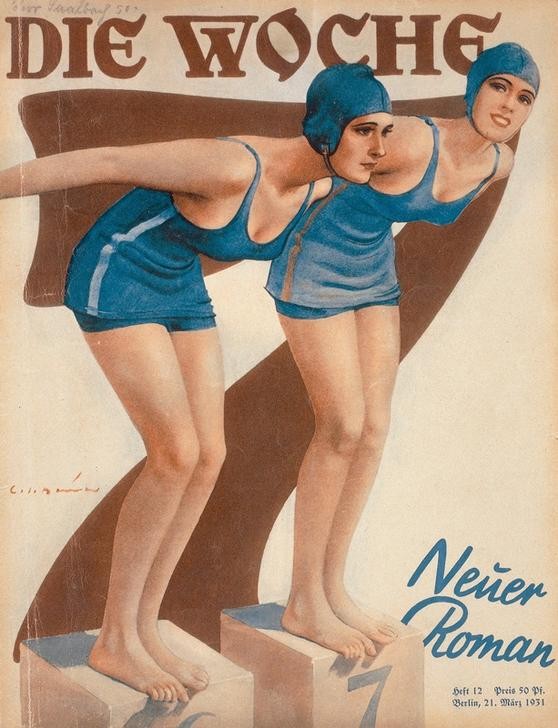 Ernst Heilemann, Schwimmerinnen am Start (Bademode, Zeitschrift, Cover, Retro, Schwimmen, Sport, Badekappe, Titelseite, Frauen, Startblock, Nostalgie, Klassiker, Treppenhaus, Wohnzimmer, Wunschgröße,)