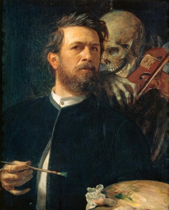 Arnold Böcklin, Selbstbildnis mit fiedelndem Tod (Selbstportrait, Bildnis, Maler, Farbpalette, Skull, Tod, Fiedel, Geige, Musik,  Skelett, Vanitas, Memento Mori, Allegorie, Symbolismus, Wunschgröße, Klassiker, Wohnzimmer, bunt)