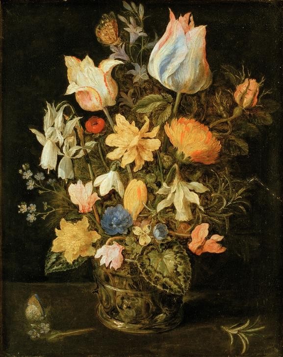 Jan Brueghel der Ältere, Stilleben mit Blumenstrauß (Stillleben, Blumenstrauß, Botanik, üppig, prächtig, Vanitas, Vergänglichkeit, Tulpen, Schmetterlinge, Barock, Wunschgröße, Klassiker, Blumenbrueghel, Samtbrueghel, Wohnzimmer, Esszimmer, Wunschgröße)