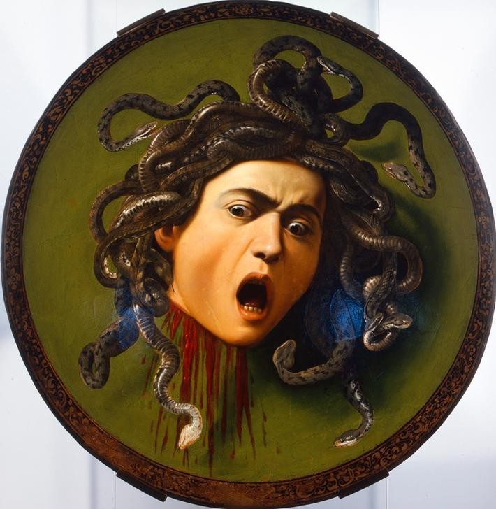 Caravaggio, Der Kopf der Medusa (Schild, Gesicht, Medusa, Enthauptung, Mythologie, Schild (Schutz),Schlangen, Tondo, Trompe L'oeil, Entsetzen, Schrei, Kopf, Barock, Klassiker, Malerei, Wunschgröße, Wohnzimmer)