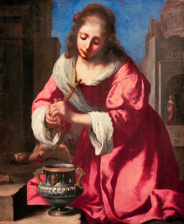 Jan Vermeer, Die heilige Praxedis (Blut,Christenverfolgung,Christentum,Heilige,Religion,Märtyrer,Niederländische Kunst,Urchristentum,Reliquie,Holländische Kunst,Märtyrerin)