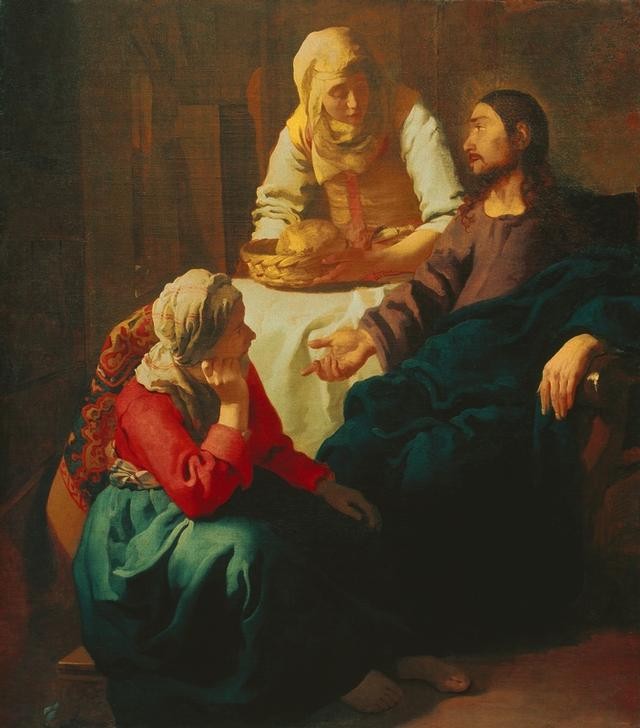 Jan Vermeer, Christus bei Maria und Martha (Brot,Christentum,Religion,Barock,Neues Testament,Bibel,Niederländische Kunst,Maria Und Martha,Leben Jesu)