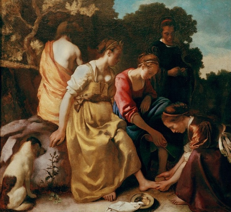 Jan Vermeer, Diana mit ihren Gefährtinnen (Bad,Fussbad,Mythologie,Nymphe,Barock,Niederländische Kunst,Holländische Kunst,Fusspflege,Griechisch-Römische Mythologie)