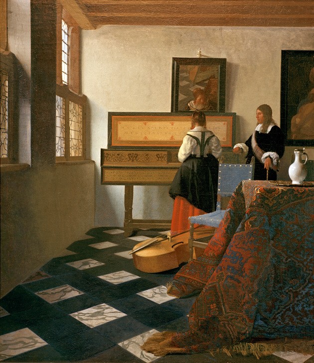 Jan Vermeer, Die Musikstunde (Frau,Hauslehrer,Hausmusik,Mann,Musikzimmer,Musik,Pädagogik,Tasteninstrument,Wohnung,Barock,Instrument,Lehrer,Unterricht,Tischtuch,Fussboden,Interieur,Rückenfigur,Niederländische Kunst,Spiegelbild,Virginal,Holländische Kunst,Musikstunde,Schülerin,Einzelunt)