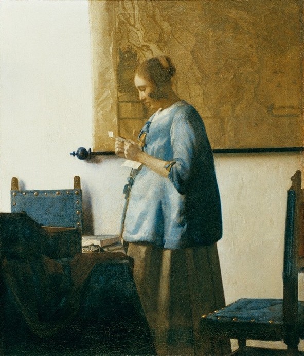 Jan Vermeer, Briefleserin in Blau (Brief,Frau,Kunst,Literatur,Schwangerschaft,Barock,Lesen (Allgemein),Interieur,Niederländische Kunst,Licht,Holländische Kunst,Tageslicht,Frauenleben,Blau,Leserin,Junge Frau,Landkarte)