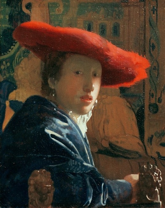 Jan Vermeer, Mädchen mit rotem Hut (Damenhut,Frau,Kopfbedeckung,Mensch,Hut,Barock,Portrait,Niederländische Kunst,Holländische Kunst,Junge Frau)