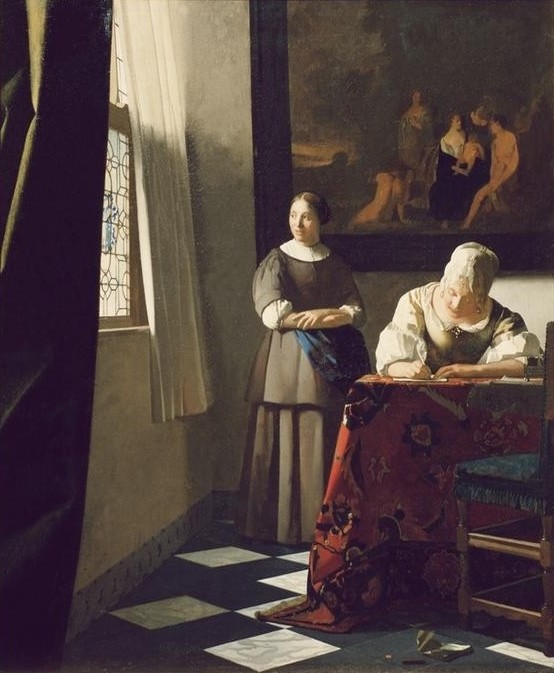 Jan Vermeer, Briefschreiberin und Dienstmagd (Brief,Dienstboten,Frau,Schreiben Und Schrift,Wohnzimmer,Barock,Bild Im Bild,Interieur,Niederländische Kunst,Holländische Kunst,Dienstmädchen,Schreiben,Frauenleben,Korrespondenz)