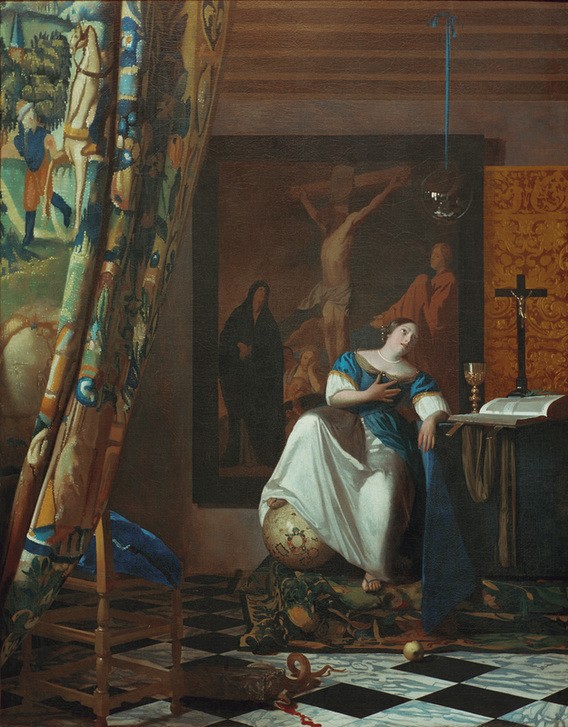 Jan Vermeer, Allegorie des Glaubens (Frau,Katholische Kirche,Barock,Allegorie,Bild Im Bild,Tugend,Herz,Kruzifix,Interieur,Niederländische Kunst,Holländische Kunst,Fides (Tugend),Kelch,Pose,Frömmigkeit,Glaube,Blick Zum Himmel,Messkelch,Personifizierung,Morallehre)