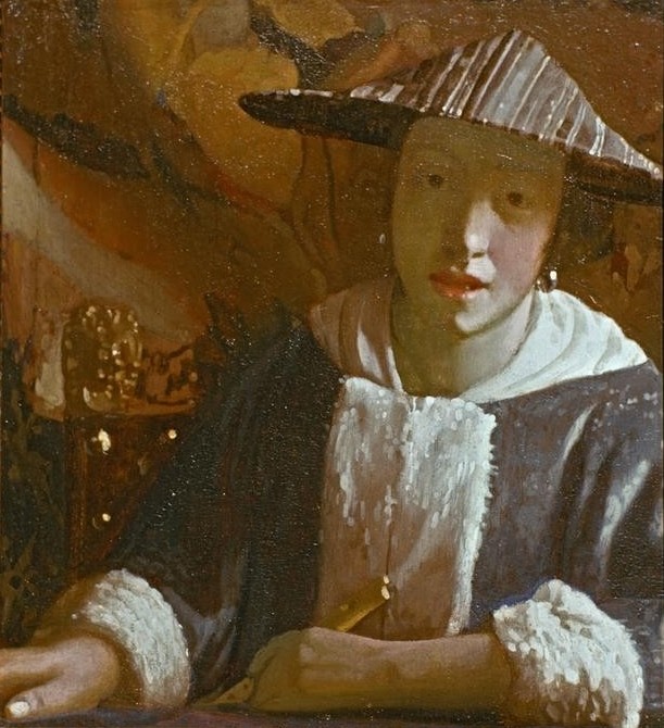 Jan Vermeer, Mädchen mit Flöte (Blasinstrument,Damenhut,Frau,Mensch,Musik,Hut,Barock,Instrument,Portrait,Niederländische Kunst,Junge Frau,Flöte)