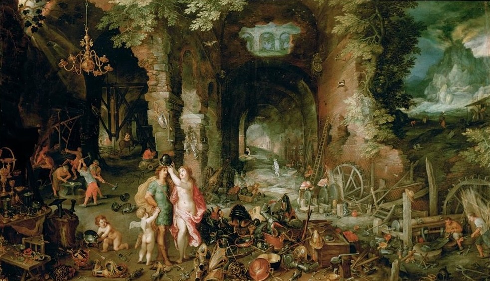 Jan BRUEGHEL DER Jüngere, Das Feuer (Elemente,Feuer,Flämische Kunst,Literatur,Mythologie,Rüstung (Schutzkleidung),Walzwerk,Barock,Allegorie,Technik,Kopie,Hammerschmiede,Schmiede,Niederländische Kunst,Metallverarbeitung,Griechisch-Römische Mythologie,Handwerk,Waffenschmied,Vier Elemente)