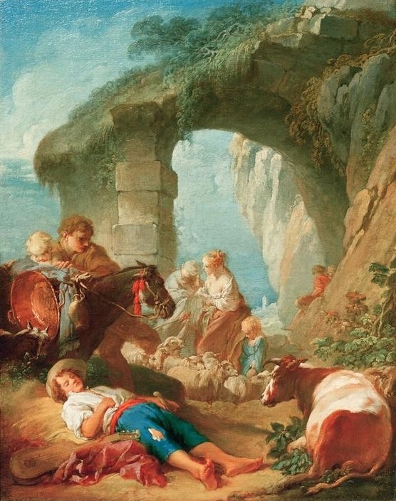 Francois Boucher, La vie champêtre (Rind,Hirte,Rokoko,Esel,Bukolik,Schaf,Französische Kunst,Landleben,Hirtenknabe,Schlafen (Schlaf),Landwirtschaft,Schäfer)
