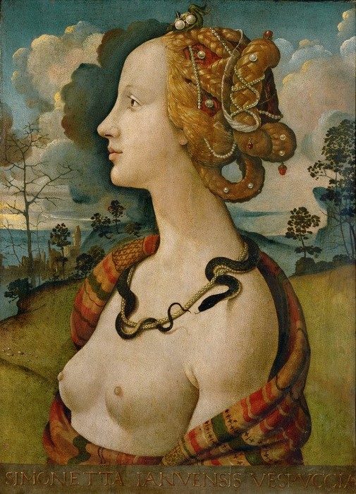 , Simonetta Vespucci (Erotik,Frau,Haarmode,Liebe,Mädchen,Schlange,Tod,Zoologie,Schönheit,Renaissance,Akt,Busen,Allegorie,Geliebte,Portrait,Vanitas,Italienische Kunst,Sexualität,Liebhaber,Tier,Kopf,Junge Frau,Maitresse,Gefühl (Stimmung),Person,Frisur,Symbolik)