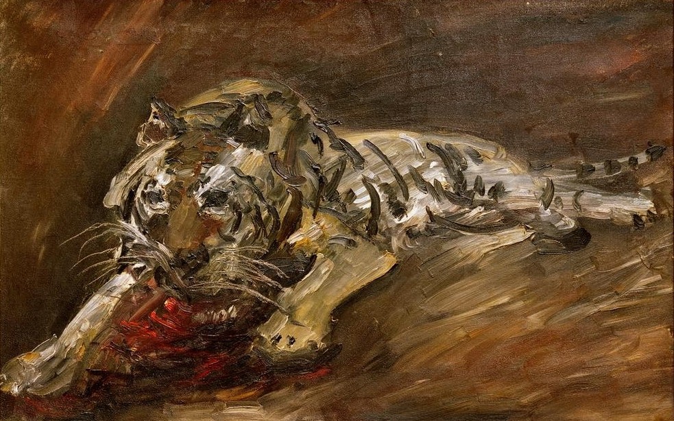 Lovis Corinth, Der Tiger (Biologie,Blut,Deutsche Kunst,Kunst,Zoologie,Impressionismus,Tiger,Fleisch,Fütterung,Tierleben,Raubkatze,Raubtier,Tier,Braun,Fressen,Streifen,Tierstudie,Farbe)