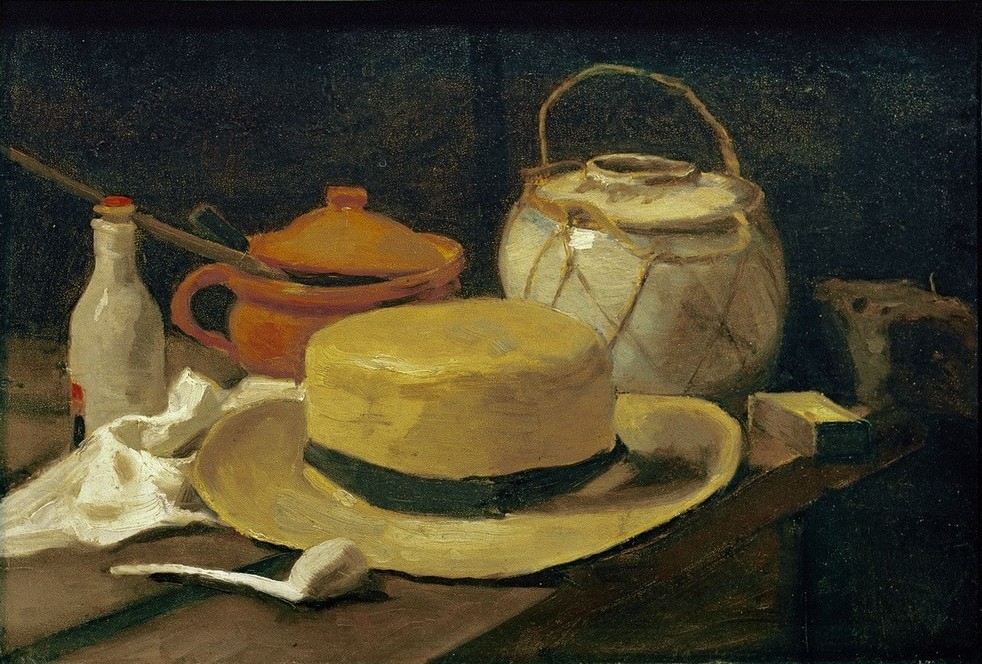 Vincent van Gogh, Stilleben mit gelbem Strohhut (Kunst,Pfeife (Tabak),Stillleben,Strohhut,Niederländische Kunst,Holländische Kunst,Topf,Tonpfeife)