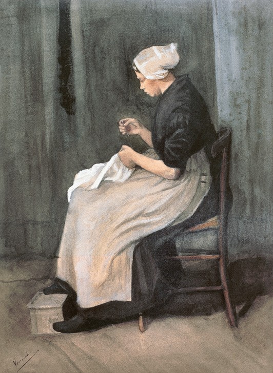 Vincent van Gogh, Scheveninger Näherin (Arbeit,Frau,Handarbeit,Näherin,Volkskunde,Nähen,Haube,Schürze,Niederländische Kunst,Holländische Kunst,Stuhl,Frauenleben,Sitzen,Land Und Leute,Hocker (Sitzmöbel))