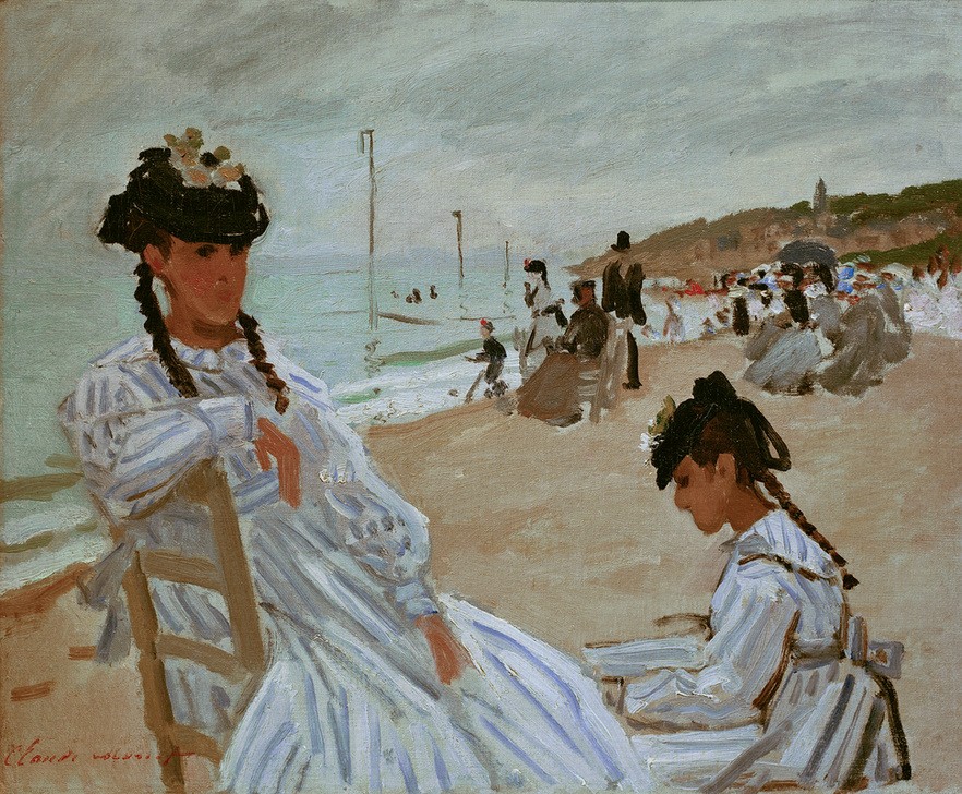 Claude Monet, Sur la plage à Trouville (Am Strand in Trouville) (Frau,Freizeit,Seebad,Sommer,Strand,Urlaub,Impressionismus,Reise,Französische Kunst,Frauenleben,Sitzen,Sandstrand)