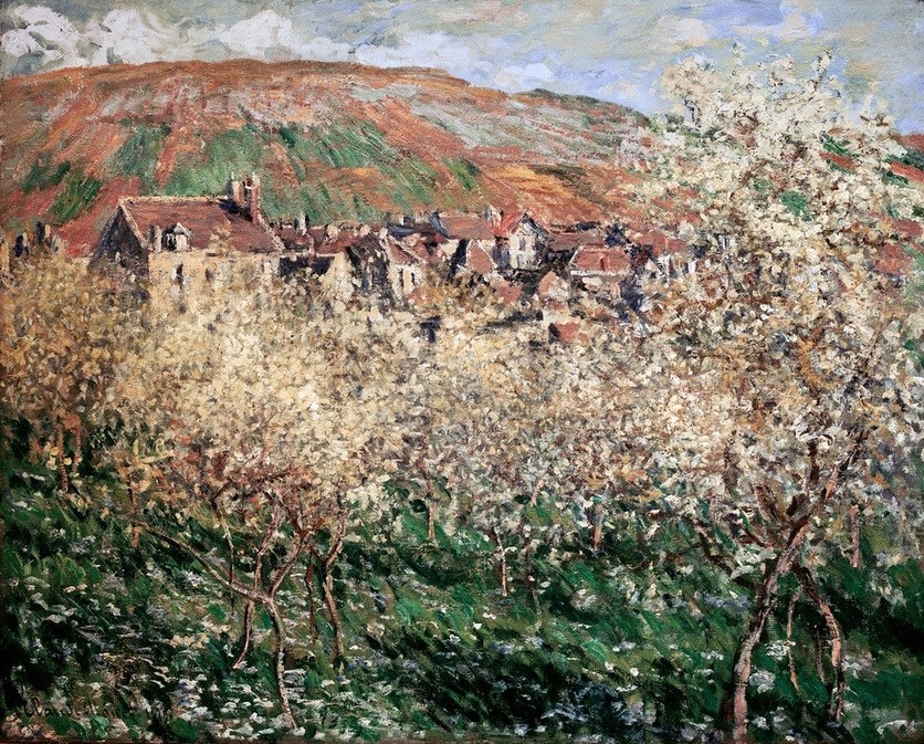 Claude Monet, Les Pruniers en Fleurs à Vetheuil (Blühende Zwetschgenbäume (Baumblüte,Jahreszeiten,Kunst,Landschaft,Obstbau,Obst,Impressionismus,Frühling,Französische Kunst,Pflaumenbaum,Zwetschgenblüte,Obstbaum,Landwirtschaft)