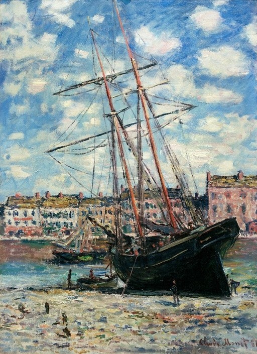 Claude Monet, Bateau échoué à Fecamp (Auf Kiel gelegtes Schiff in Fecamp) (Schiffstypen,Seebad,Segelschiff,Impressionismus,Französische Kunst,Schifffahrt)