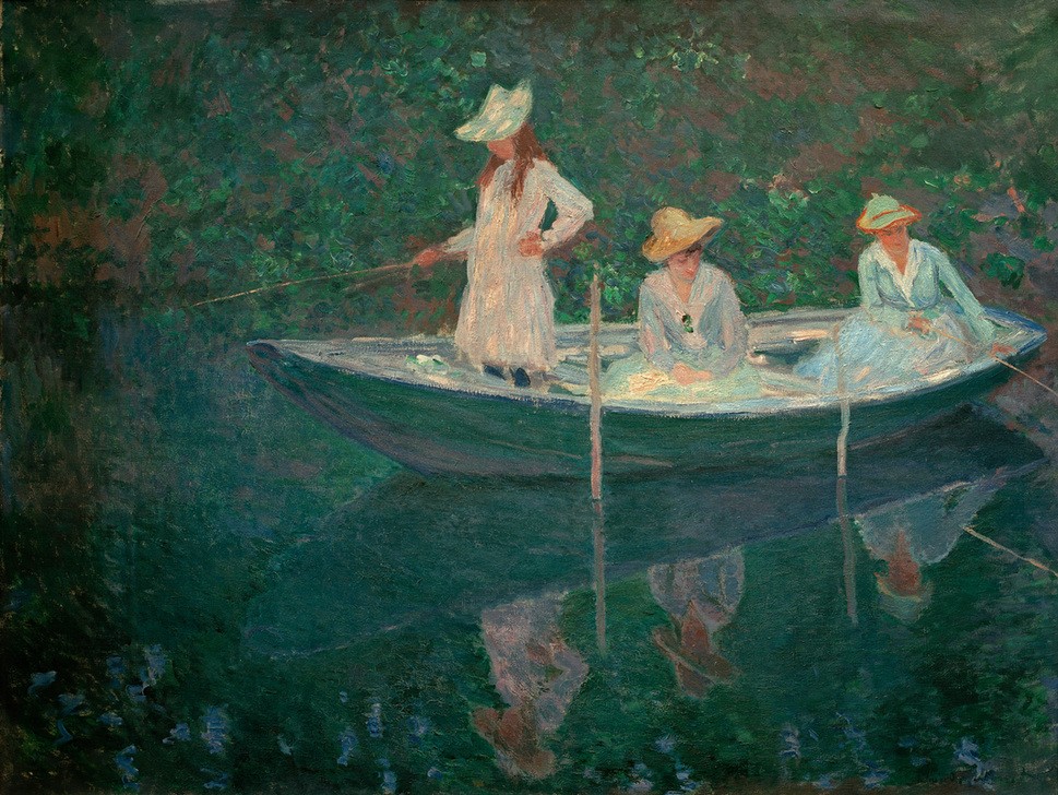 Claude Monet, En norvegienne (Angeln (Sport),Bootspartie,Boot,Geschwister,Gewässer,Jahreszeiten,Jugend (Lebensalter),Kahn,Kunst,Landschaft,Mädchen,Mensch,Freizeit,Rudern,Sommer,Impressionismus,See,Schwester,Reise,Barke,Französische Kunst,Sonnenhut,Harmonie,Müssiggang,Gedanken,Gartente)