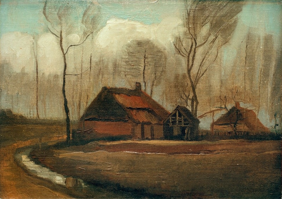 Vincent van Gogh, Gehöft nach dem Regen (Bauernhof,Herbst,Landschaft,Meteorologie,Monat,Regen,September,Wiese,Einsamkeit,Niederländische Kunst,Bach,Holländische Kunst,Trostlosigkeit,Schlechtes Wetter)