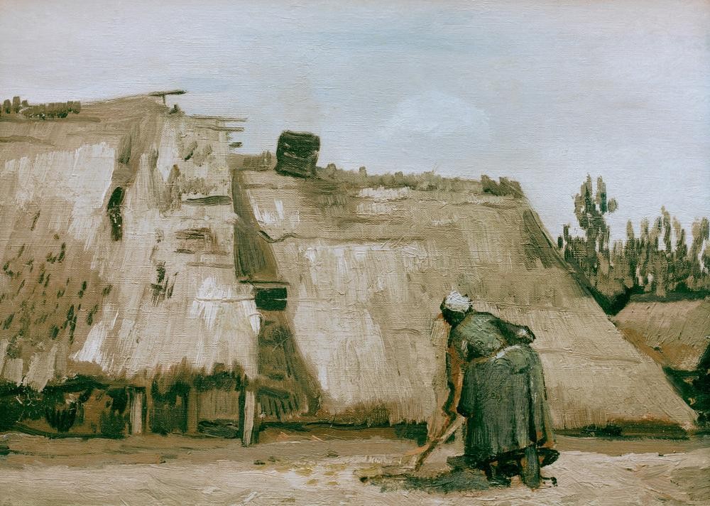 Vincent van Gogh, Hütte mit arbeitender Bäuerin (Arbeit,Frau,Sommer,Volkskunde,Hütte,Impressionismus,Bäuerin,Rückenfigur,Strohdach,Niederländische Kunst,Holländische Kunst,Frauenarbeit,Landarbeit,Land Und Leute,Landwirtschaft)