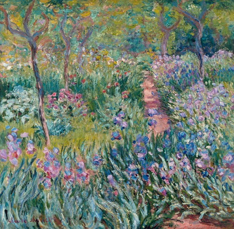 Claude Monet, Giverny, Le Printemps (Der Frühling, Giverny) (Botanik,Iris (Botanik),Jahreszeiten,Kunst,Landschaft,Maler (Künstler),Impressionismus,Frühling,Hausgarten,Französische Kunst,Ziergarten,Blume,Jahrhundertwende,Blumenbeet,Person,Garten)