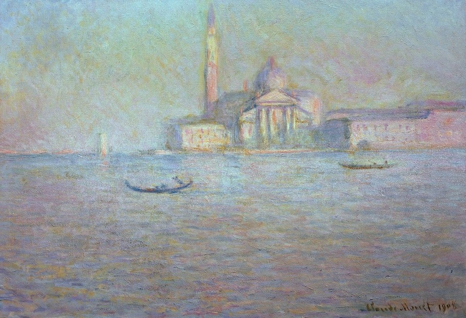 Claude Monet, L’Eglise Saint Georges Majeur (Insel,Architektur,Boot,Geographie,Kirche,Kunst,Stadt,Turm,Gondel,Impressionismus,Campanile,Vedute,Lagune,Kuppel,Stadtansicht,Architekturdarstellung,Französische Kunst,Binnenschiffahrt,Ansicht,Aussenansicht,Kirchturm,Topographie,Kuppelkirche,Sakralbau,Sign)