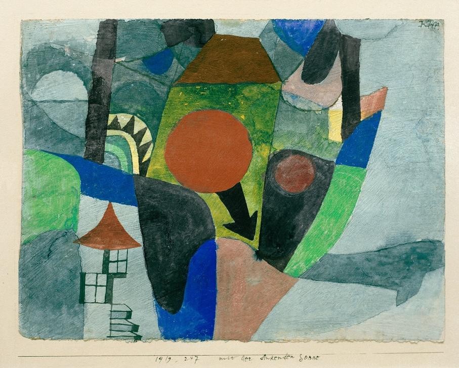 Paul Klee, Landschaft mit sinkender Sonne (Deutsche Kunst,Geometrie,Landschaft,Pfeil,Sonnenuntergang,Sonne,Tageszeiten,Abend,Kubismus,Schweizerische Kunst,Kreis,Abstraktion,Rot)