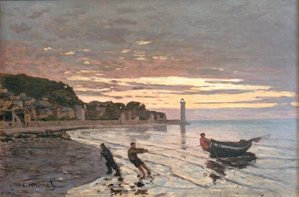 Claude Monet, Halage d’un Bateau, Honfleur (Einholen eines Bootes, Honfle (Boot,Fischer,Fischerei,Küste,Landschaft,Leuchtturm,Sonnenuntergang,Fischerboot,Meer,Impressionismus,Französische Kunst,Kraftakt,Seilziehen,Bootsanlegestelle)