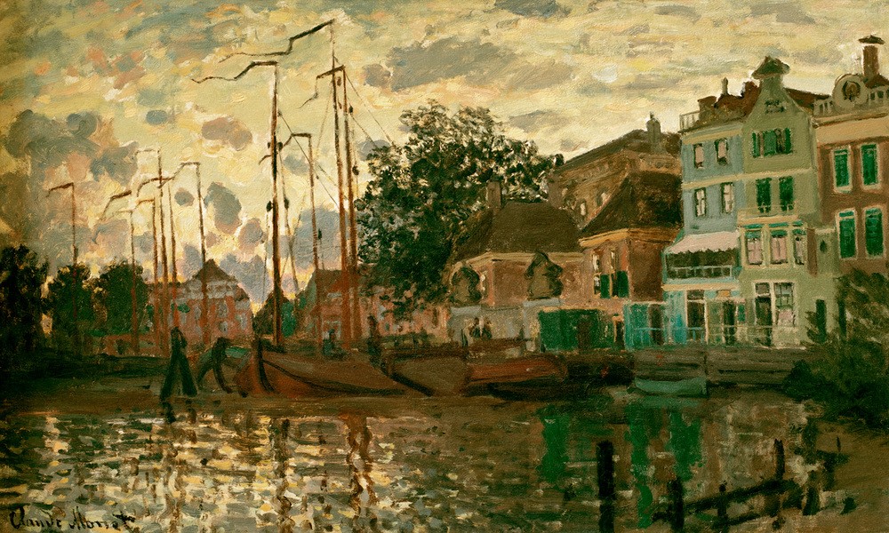 Claude Monet, Le Dam à Zaandam, le soir (Der Dam in Zaandam am Abend) (Geographie,Sonnenuntergang,Abend,Impressionismus,Stadtansicht,Französische Kunst,Sonnenlicht,Topographie)