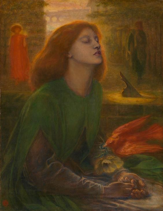 Dante Gabriel Rossetti, Beata Beatrix (Frau,Kunst,Literatur,Sonnenuhr,Taube,Tod,Symbolismus,Portrait,Präraffaeliten,Englische Kunst,Trance,Geschlossene Augen,Symbolbild,Person)