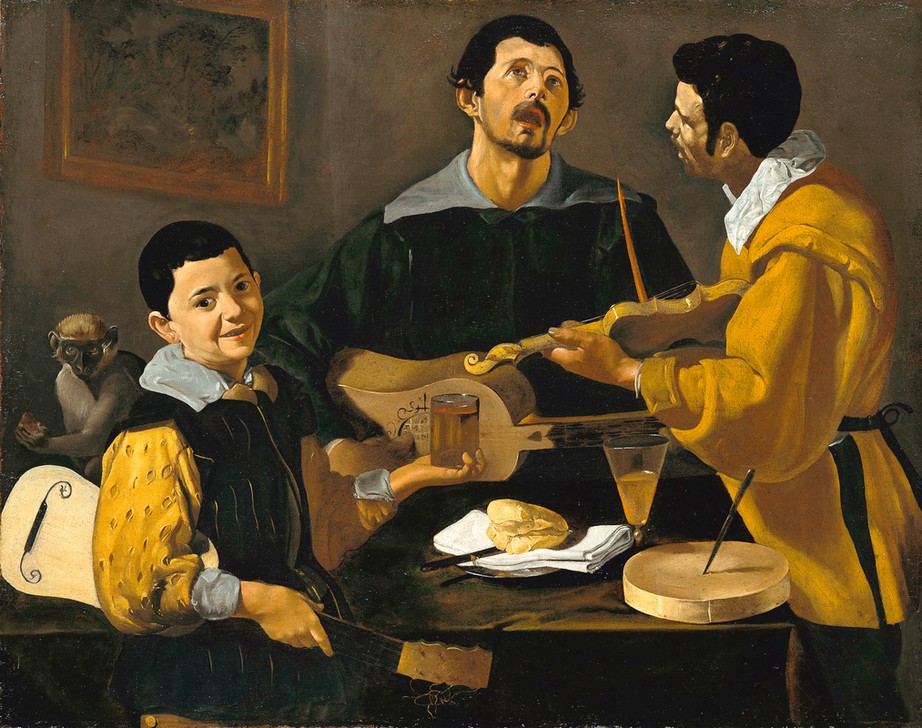 Diego Rodriguez de Silva y Velasquez, Die drei Musikanten (Affe,Brot,Essen Und Trinken,Geiger,Gesang,Gruppenbild,Gitarre,Kind,Konzert,Mann,Musik,Saiteninstrument,Volkskunde,Barock,Geige,Instrument,Gitarrist,Messer,Teller,Spanische Kunst,Genre,Lächeln,Weinglas,Knabe,Käse,Singen,Zahmes Tier,Musikant,Gedeckter Tisch)